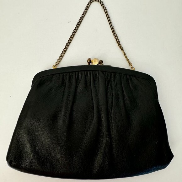 Liebermanns Lansing Michigan Black Leather Evening Clutch Dainty Gray Gold Chain - Picture 1 of 10